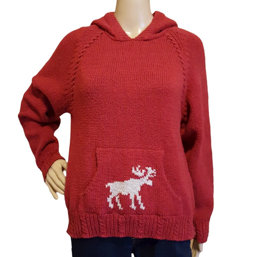 Woolrich Hoodie Sweater Women's M Fits Small Red Reindeer Pullover Knit Pocket